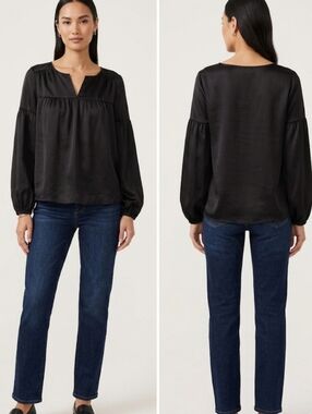Vince Camuto Black Satin Balloon Sleeve V-Neck Blouse S
